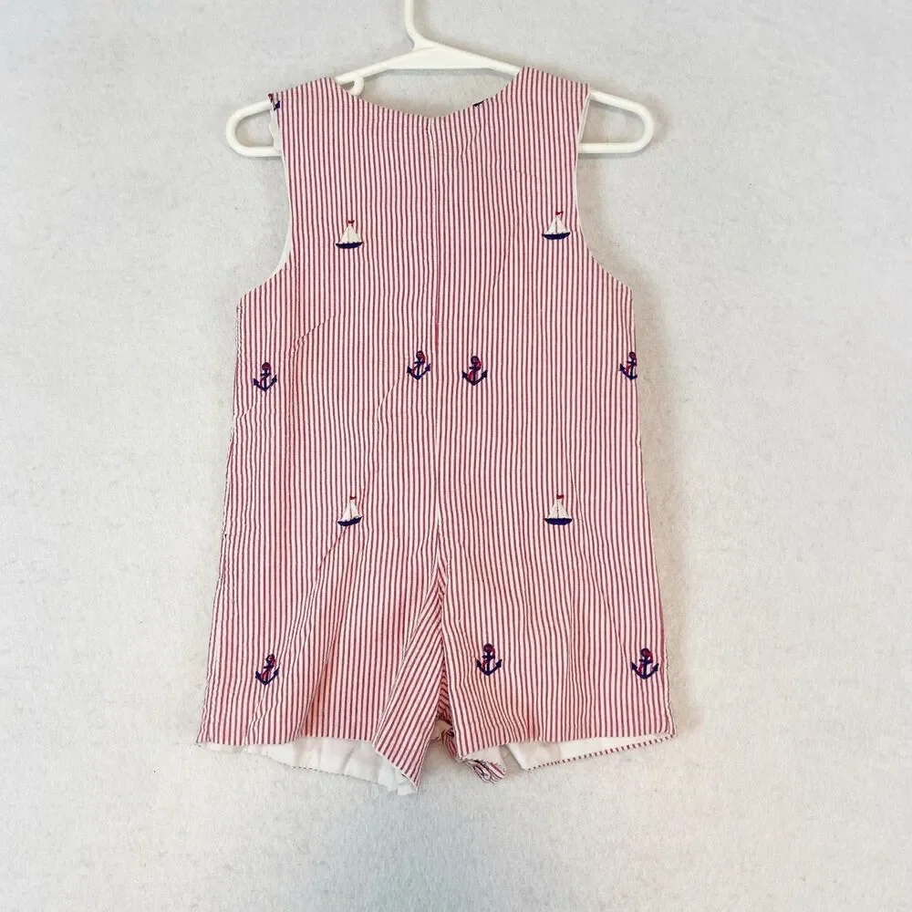Glorimont Seersucker Romper Baby Boy Sz 12M Red Sailboat Anchor Nautical Coastal